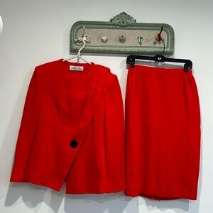 Vintage 80s Lilli Ann Draped Shoulder skirt suit high fashion blazer red set
